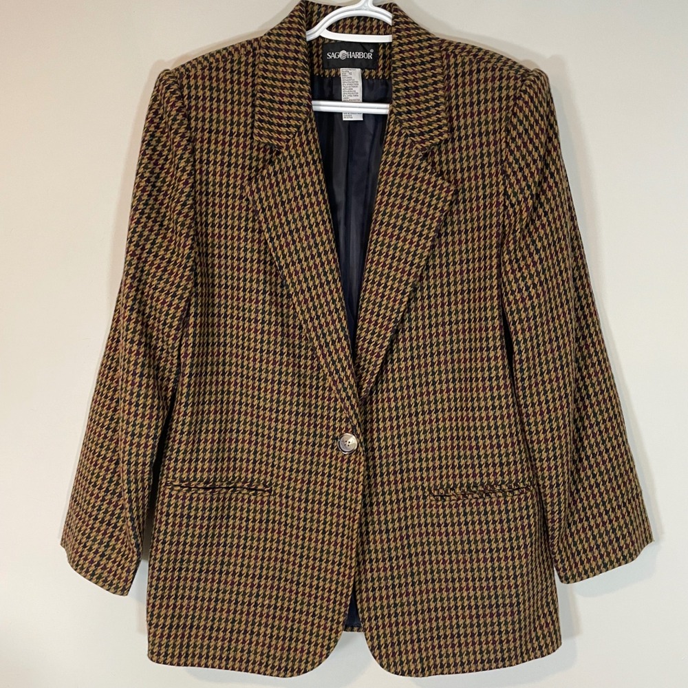 VTG Sag Harbor Womens Wool Houndstooth Blazer Brown Burgundy 12 Dark Academia
